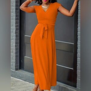 Vibrant V Neck Tie Waist Cap Sleeve Dress - Flattering Solid Color